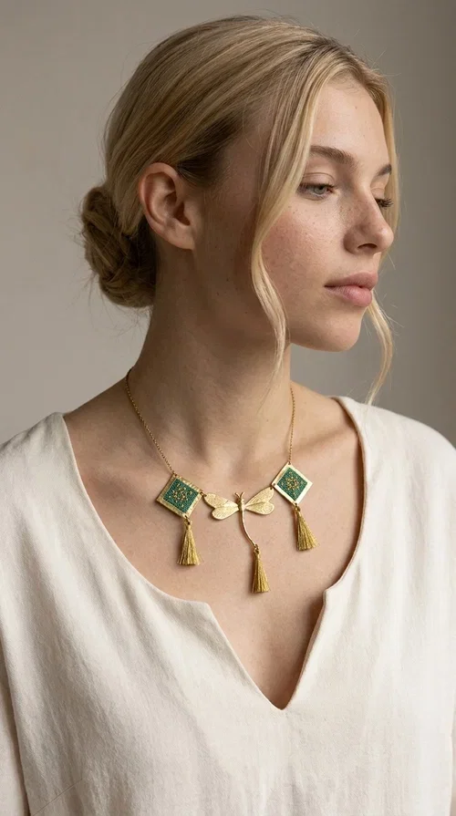 , A statement embroidered necklace that doesn't go unnoticed — featuring geometric patterns inspired by Greek tradition and a contemporary aesthetic that suits every strong feminine presence.

Designed by Greek Jewelry Designer Aikaterini Chalkiadaki, this handmade necklace combines brass and fabric in a composition strongly reminiscent of traditional folk embroidery art. Two diamond shapes of green embroidered fabric with gold geometric motifs frame a gold dragonfly at the center, while three gold tassels add movement and grace to the overall design. The result is a piece of jewelry with a deeply folklore aesthetic and, at the same time, a distinctly modern character.

Ideal for women who love striking jewelry that tells a story. It pairs perfectly with simple, monochrome looks — such as a white or cream shirt — highlighting its color and patterns. Suitable for both daytime and evening looks, receptions, weddings, or trips where you want to stand out.