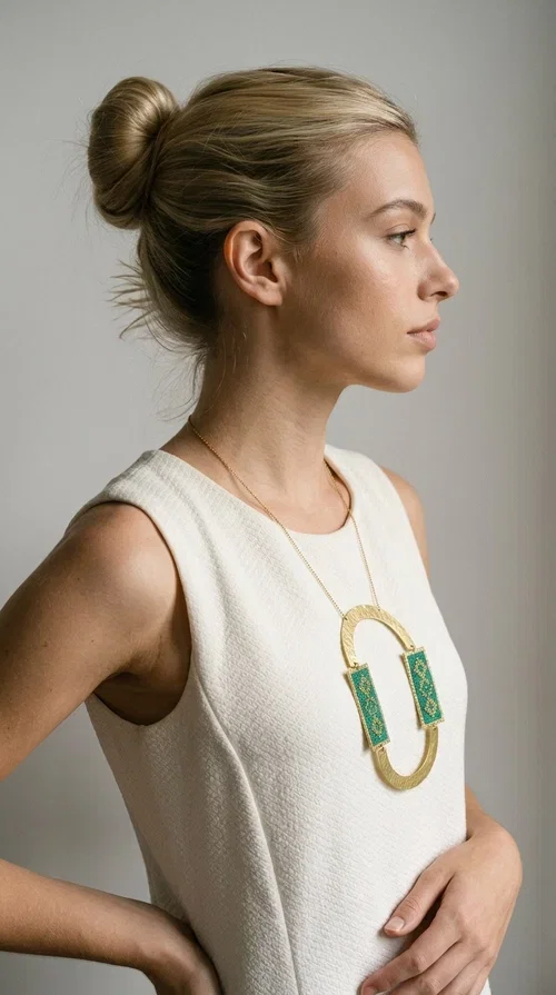 , A statement embroidered necklace that turns every look into a style declaration — featuring geometric patterns inspired by Greek folk tradition and an aesthetic that speaks for itself.

Designed by Greek Jewelry Designer Aikaterini Chalkiadaki, this long necklace combines brass and fabric in a handmade composition that highlights the art of embroidery. The oval golden brass frame embraces two rectangular fabric elements in deep green, adorned with gold-toned geometric motifs reminiscent of traditional embroidery techniques. The result is a jewelry piece with strong character, blending tradition with contemporary aesthetics.

Ideal for women who love striking jewelry, this long green necklace pairs perfectly with simple outfits — a white t-shirt, a solid-color dress, or a chic blazer. It instantly adds color, geometry, and personality to any ensemble, summer and winter alike.