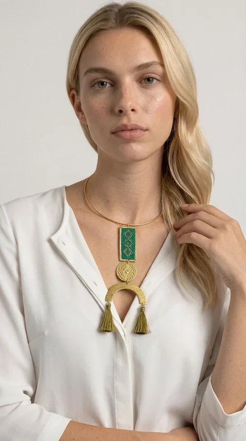 , A statement embroidered necklace that instantly catches the eye — featuring a bold green color, geometric patterns and gold details reminiscent of the tradition of folk jewelry.

Designed by Greek Jewelry Designer Aikaterini Chalkiadaki, this handmade necklace combines brass and fabric in a composition that highlights the skill of Greek craftsmanship. The rectangular embroidered piece, with its delicate geometric motifs in gold and green tones, blends harmoniously with a gold circular disc and a brass arc, while three hanging tassels in a khaki-gold shade add movement and warmth to the overall look. It is worn on a gold rigid choker for an even more striking effect.

Ideal for looks that want to stand out — from summer evening outings to casual chic styles with simple linen or cotton clothing. It pairs perfectly with neutral tones, white, ecru, or deep green shades.