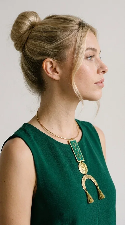 , A statement embroidered necklace that instantly catches the eye — featuring a bold green color, geometric patterns and gold details reminiscent of the tradition of folk jewelry.

Designed by Greek Jewelry Designer Aikaterini Chalkiadaki, this handmade necklace combines brass and fabric in a composition that highlights the skill of Greek craftsmanship. The rectangular embroidered piece, with its delicate geometric motifs in gold and green tones, blends harmoniously with a gold circular disc and a brass arc, while three hanging tassels in a khaki-gold shade add movement and warmth to the overall look. It is worn on a gold rigid choker for an even more striking effect.

Ideal for looks that want to stand out — from summer evening outings to casual chic styles with simple linen or cotton clothing. It pairs perfectly with neutral tones, white, ecru, or deep green shades.