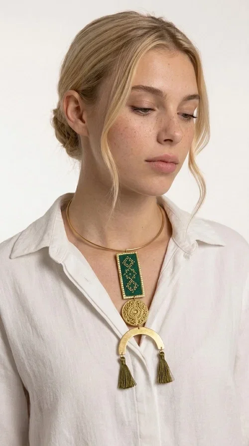 , A statement embroidered necklace that instantly catches the eye — featuring a bold green color, geometric patterns and gold details reminiscent of the tradition of folk jewelry.

Designed by Greek Jewelry Designer Aikaterini Chalkiadaki, this handmade necklace combines brass and fabric in a composition that highlights the skill of Greek craftsmanship. The rectangular embroidered piece, with its delicate geometric motifs in gold and green tones, blends harmoniously with a gold circular disc and a brass arc, while three hanging tassels in a khaki-gold shade add movement and warmth to the overall look. It is worn on a gold rigid choker for an even more striking effect.

Ideal for looks that want to stand out — from summer evening outings to casual chic styles with simple linen or cotton clothing. It pairs perfectly with neutral tones, white, ecru, or deep green shades.