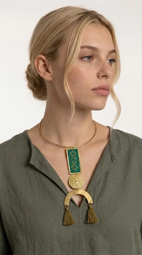 , A statement embroidered necklace that instantly catches the eye — featuring a bold green color, geometric patterns and gold details reminiscent of the tradition of folk jewelry.

Designed by Greek Jewelry Designer Aikaterini Chalkiadaki, this handmade necklace combines brass and fabric in a composition that highlights the skill of Greek craftsmanship. The rectangular embroidered piece, with its delicate geometric motifs in gold and green tones, blends harmoniously with a gold circular disc and a brass arc, while three hanging tassels in a khaki-gold shade add movement and warmth to the overall look. It is worn on a gold rigid choker for an even more striking effect.

Ideal for looks that want to stand out — from summer evening outings to casual chic styles with simple linen or cotton clothing. It pairs perfectly with neutral tones, white, ecru, or deep green shades.
