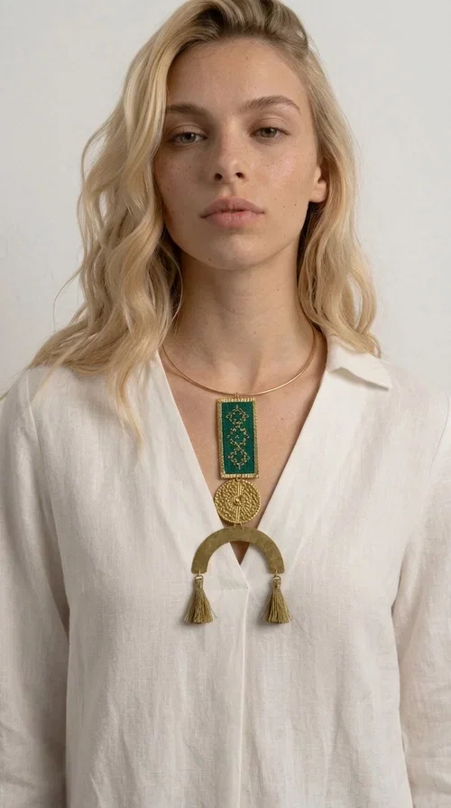 , A statement embroidered necklace that instantly catches the eye — featuring a bold green color, geometric patterns and gold details reminiscent of the tradition of folk jewelry.

Designed by Greek Jewelry Designer Aikaterini Chalkiadaki, this handmade necklace combines brass and fabric in a composition that highlights the skill of Greek craftsmanship. The rectangular embroidered piece, with its delicate geometric motifs in gold and green tones, blends harmoniously with a gold circular disc and a brass arc, while three hanging tassels in a khaki-gold shade add movement and warmth to the overall look. It is worn on a gold rigid choker for an even more striking effect.

Ideal for looks that want to stand out — from summer evening outings to casual chic styles with simple linen or cotton clothing. It pairs perfectly with neutral tones, white, ecru, or deep green shades.