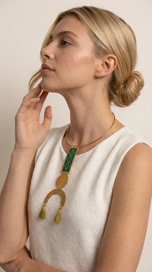 , A statement embroidered necklace that instantly catches the eye — featuring a bold green color, geometric patterns and gold details reminiscent of the tradition of folk jewelry.

Designed by Greek Jewelry Designer Aikaterini Chalkiadaki, this handmade necklace combines brass and fabric in a composition that highlights the skill of Greek craftsmanship. The rectangular embroidered piece, with its delicate geometric motifs in gold and green tones, blends harmoniously with a gold circular disc and a brass arc, while three hanging tassels in a khaki-gold shade add movement and warmth to the overall look. It is worn on a gold rigid choker for an even more striking effect.

Ideal for looks that want to stand out — from summer evening outings to casual chic styles with simple linen or cotton clothing. It pairs perfectly with neutral tones, white, ecru, or deep green shades.