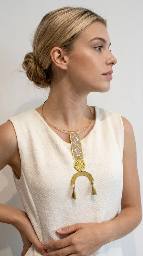 , A statement embroidered necklace that instantly catches the eye — featuring ivory geometric patterns on a brass frame, with details inspired by folklore tradition. Designed by Greek Jewelry Designer Aikaterini Chalkiadaki, this handmade necklace combines the art of embroidery with a modern aesthetic, creating a truly distinctive piece.

The necklace features a rectangular embroidered panel with delicate geometric motifs in shades of ivory and gold, a circular brass element with an embossed design at the center, and a semicircular base adorned with two gold tassels that add movement and a luxurious feel. The brass neck ring ensures a secure fit and timeless style.

Ideal for women who love striking jewelry with character, it pairs beautifully with simple ivory or white outfits, as well as bold colors for contrast. Perfect for evening outings, summer events, weddings, or stylish daytime looks.
