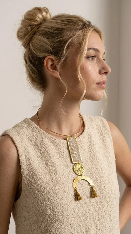 , A statement embroidered necklace that instantly catches the eye — featuring ivory geometric patterns on a brass frame, with details inspired by folklore tradition. Designed by Greek Jewelry Designer Aikaterini Chalkiadaki, this handmade necklace combines the art of embroidery with a modern aesthetic, creating a truly distinctive piece.

The necklace features a rectangular embroidered panel with delicate geometric motifs in shades of ivory and gold, a circular brass element with an embossed design at the center, and a semicircular base adorned with two gold tassels that add movement and a luxurious feel. The brass neck ring ensures a secure fit and timeless style.

Ideal for women who love striking jewelry with character, it pairs beautifully with simple ivory or white outfits, as well as bold colors for contrast. Perfect for evening outings, summer events, weddings, or stylish daytime looks.