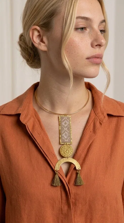 , A statement embroidered necklace that instantly catches the eye — featuring ivory geometric patterns on a brass frame, with details inspired by folklore tradition. Designed by Greek Jewelry Designer Aikaterini Chalkiadaki, this handmade necklace combines the art of embroidery with a modern aesthetic, creating a truly distinctive piece.

The necklace features a rectangular embroidered panel with delicate geometric motifs in shades of ivory and gold, a circular brass element with an embossed design at the center, and a semicircular base adorned with two gold tassels that add movement and a luxurious feel. The brass neck ring ensures a secure fit and timeless style.

Ideal for women who love striking jewelry with character, it pairs beautifully with simple ivory or white outfits, as well as bold colors for contrast. Perfect for evening outings, summer events, weddings, or stylish daytime looks.