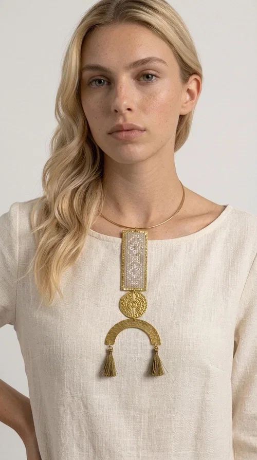 , A statement embroidered necklace that instantly catches the eye — featuring ivory geometric patterns on a brass frame, with details inspired by folklore tradition. Designed by Greek Jewelry Designer Aikaterini Chalkiadaki, this handmade necklace combines the art of embroidery with a modern aesthetic, creating a truly distinctive piece.

The necklace features a rectangular embroidered panel with delicate geometric motifs in shades of ivory and gold, a circular brass element with an embossed design at the center, and a semicircular base adorned with two gold tassels that add movement and a luxurious feel. The brass neck ring ensures a secure fit and timeless style.

Ideal for women who love striking jewelry with character, it pairs beautifully with simple ivory or white outfits, as well as bold colors for contrast. Perfect for evening outings, summer events, weddings, or stylish daytime looks.