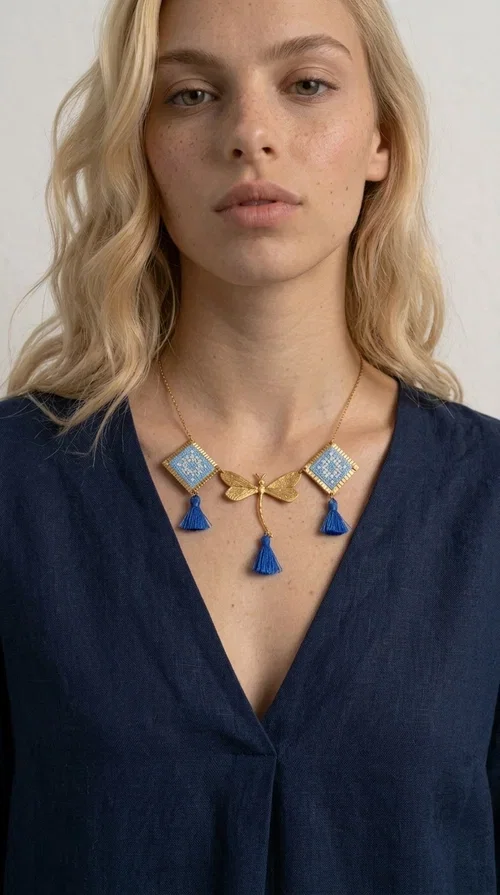 , A statement necklace that combines the tradition of embroidery art with contemporary aesthetics — ideal for those who want to stand out with style and character.

Designed by Greek Jewelry Designer Aikaterini Chalkiadaki, this handmade embroidered necklace in light blue brings to the forefront the magic of geometric patterns inspired by Greek folk tradition. Fabric rhombuses with finely worked embroidery in light blue and white shades alternate with a golden dragonfly made of brass, while four hanging tassels in deep blue add movement and vibrancy to the composition. The golden brass chain completes a creation full of color, texture and atmosphere.

Wear it over a white shirt or a simple monochrome dress to highlight all its beauty. It fits perfectly with summer looks, romantic evening outings, and boho-chic day looks as well. It is also an excellent gift choice for a woman who loves striking, handmade jewelry.