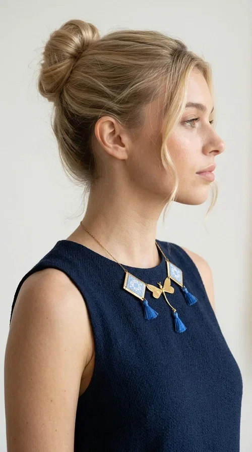 , A statement necklace that combines the tradition of embroidery art with contemporary aesthetics — ideal for those who want to stand out with style and character.

Designed by Greek Jewelry Designer Aikaterini Chalkiadaki, this handmade embroidered necklace in light blue brings to the forefront the magic of geometric patterns inspired by Greek folk tradition. Fabric rhombuses with finely worked embroidery in light blue and white shades alternate with a golden dragonfly made of brass, while four hanging tassels in deep blue add movement and vibrancy to the composition. The golden brass chain completes a creation full of color, texture and atmosphere.

Wear it over a white shirt or a simple monochrome dress to highlight all its beauty. It fits perfectly with summer looks, romantic evening outings, and boho-chic day looks as well. It is also an excellent gift choice for a woman who loves striking, handmade jewelry.