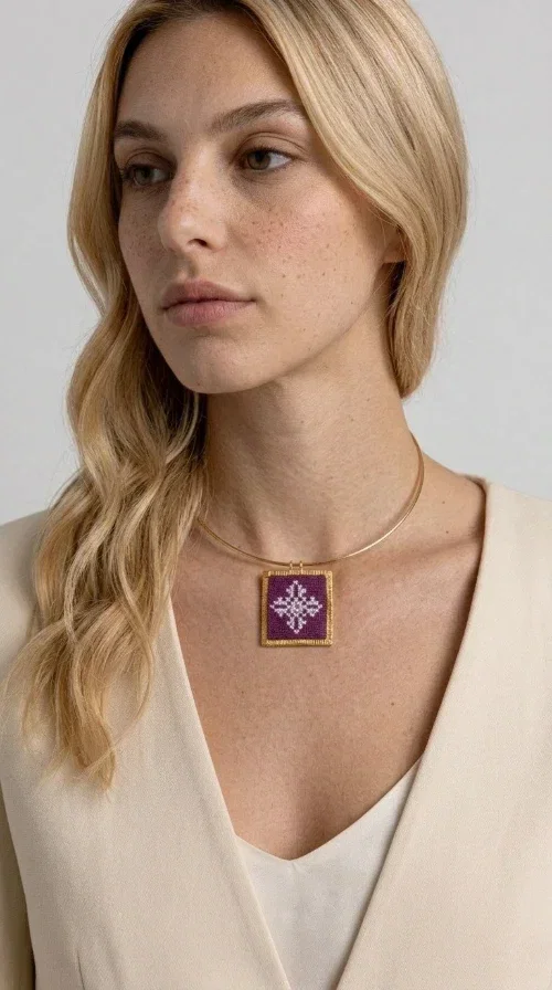 , The embroidered magenta necklace with geometric patterns is a statement piece that combines the traditional art of embroidery with a modern aesthetic — ideal for every woman who wants to express herself boldly and stylishly.

Designed by Greek Jewelry Designer Aikaterini Chalkiadaki, this handmade necklace features a square pendant in deep purple-magenta fabric, adorned with a white embroidered geometric design inspired by folk art tradition. The golden brass metal frame elegantly encases the pendant, while the delicate gold choker-style chain showcases it flawlessly around the neck. The result is a piece of jewelry with soul, character, and a strong visual presence.

Wear it over a white shirt, dress, or blazer to create a striking combination. It looks equally great in casual and more formal outfits, making it a versatile accessory for any occasion.