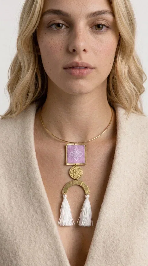 , A statement embroidered necklace that combines the traditional art of embroidery with a modern aesthetic — the ideal piece for every woman who wants to express herself with style and authenticity.

Designed by Greek Jewelry Designer Aikaterini Chalkiadaki, this handmade necklace features an embroidered square motif in pink/lilac tones with white geometric patterns inspired by Greek folk tradition. The embroidered piece is framed in golden brass and paired with a round embossed motif and a semicircular gold base, from which delicate white tassels hang, adding movement and grace. The look is completed with a fine gold choker-style chain.

Ideal to wear over a white top, a dress, or even a simple casual look that needs a touch of character. This striking long necklace turns any outfit into a true styling statement.
