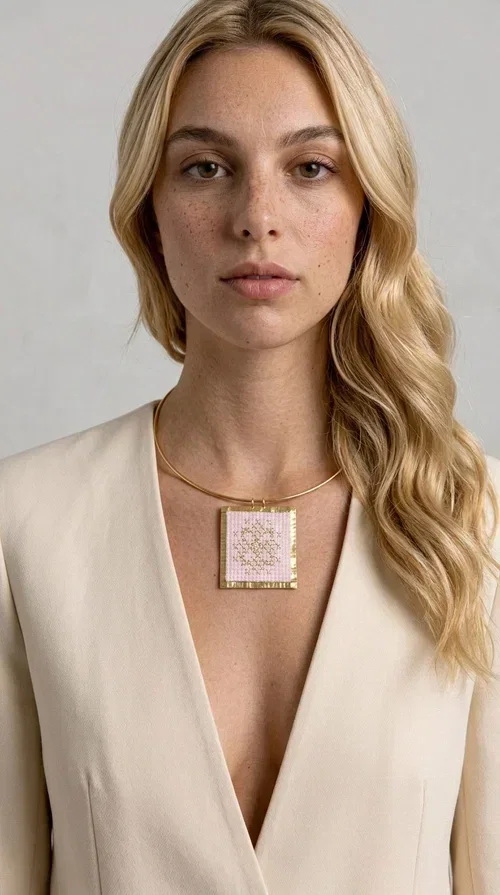 , The statement embroidered necklace in a pink hue is a piece of jewelry that combines the traditional art of embroidery with contemporary design, creating a result that immediately catches the eye. Designed by Aikaterini Chalkiadaki, it carries the signature of Greek handmade craftsmanship and is an ideal choice for those seeking jewelry with character and history.

The necklace features a rectangular embroidered pendant with geometric patterns inspired by folk art and a folklore aesthetic. The pink fabric base combined with golden brass details creates a harmonious contrast that highlights the handmade element. The gold-toned metal omega-style chain gives structure and elegance to the whole, while the pendant is framed by distinctive golden details that emphasize the craftsmanship.

Wear it over a white t-shirt for a casual look or pair it with a blazer for a professional or evening look — just as shown in the photo. It is a piece of jewelry that suits every style and makes an excellent gift idea.