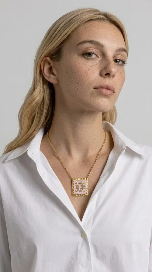 , An embroidered necklace that combines the traditional art of embroidery with a modern aesthetic — ideal for every woman who loves statement jewelry with character. Designed by Greek Jewelry Designer Aikaterini Chalkiadaki, this handmade necklace is a unique example of folklore-inspired aesthetics drawing from Greek tradition.

The square pendant in pink and gold tones is adorned with geometric patterns embroidered on fabric, set into a gold-tone brass base with a textured surface. The gold rolo chain gives the piece an elegant, contemporary touch that makes it easy to style — whether with an everyday casual look or an evening outfit.

The pink palette with gold embroidered details offers a warm, feminine feel, while the handmade construction guarantees uniqueness. An ideal gift for women who appreciate jewelry with history and soul.