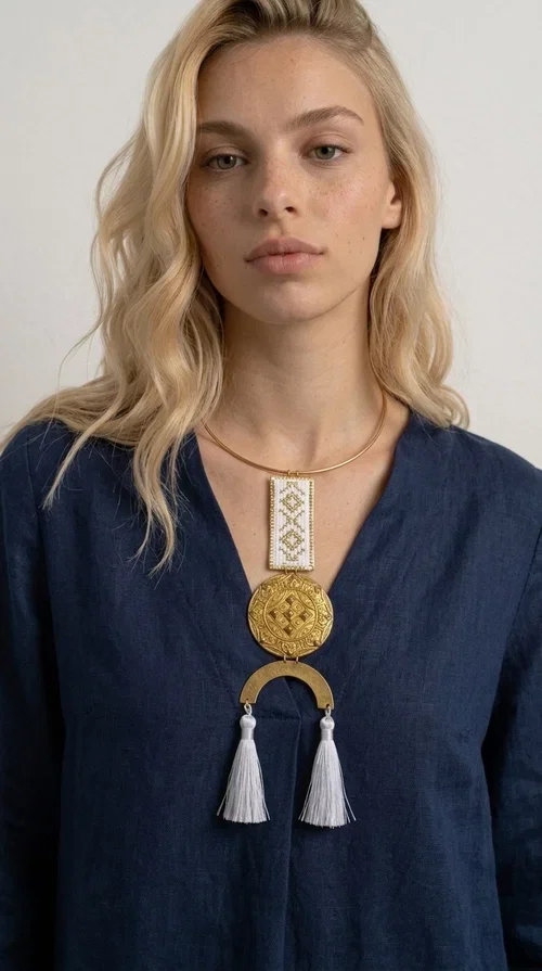 , The statement embroidered necklace with geometric patterns in white and gold is a piece of jewelry that never goes unnoticed — it combines folk tradition with a contemporary aesthetic in a way that only handmade artistry can achieve. Designed by Greek Jewelry Designer Aikaterini Chalkiadaki, this necklace is a tribute to Greek craftsmanship and a love for detailed, inspired design.

The necklace is worn on a snug brass base (torque-style choker), from which hangs an embroidered rectangular piece featuring traditional geometric motifs in white and gold. Beneath it, a striking gold brass disc with embossed designs and a semicircular element complete the composition, while two white tassels add movement and boho-chic character. The contrast of white fabric and gold brass creates a result that is both vintage and modern at the same time.

Perfect for summer looks, beach events, outdoor weddings, or everyday boho outfits. It pairs beautifully with simple, solid-colored clothing — just as shown in the photo with the dark green sleeveless dress — letting the necklace speak for itself.