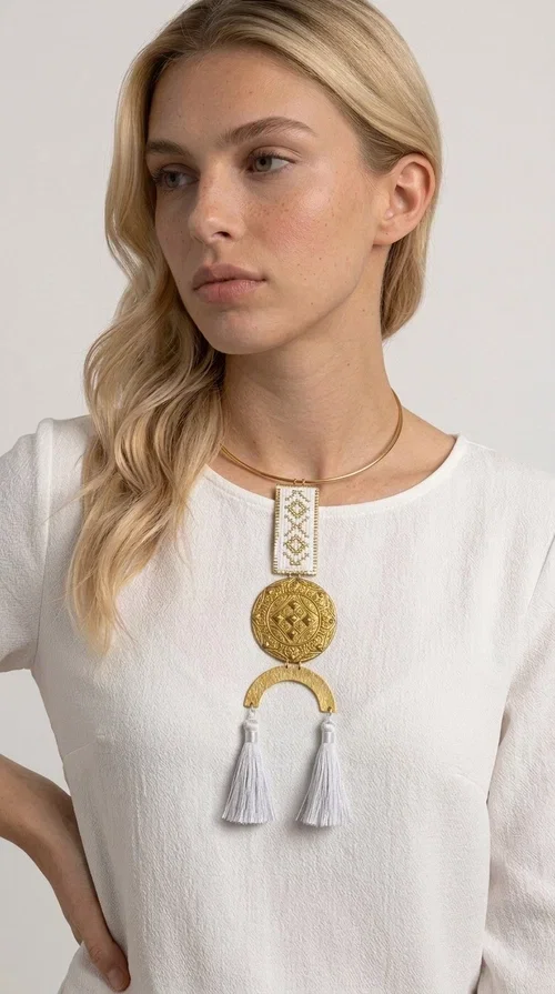 , The statement embroidered necklace with geometric patterns in white and gold is a piece of jewelry that never goes unnoticed — it combines folk tradition with a contemporary aesthetic in a way that only handmade artistry can achieve. Designed by Greek Jewelry Designer Aikaterini Chalkiadaki, this necklace is a tribute to Greek craftsmanship and a love for detailed, inspired design.

The necklace is worn on a snug brass base (torque-style choker), from which hangs an embroidered rectangular piece featuring traditional geometric motifs in white and gold. Beneath it, a striking gold brass disc with embossed designs and a semicircular element complete the composition, while two white tassels add movement and boho-chic character. The contrast of white fabric and gold brass creates a result that is both vintage and modern at the same time.

Perfect for summer looks, beach events, outdoor weddings, or everyday boho outfits. It pairs beautifully with simple, solid-colored clothing — just as shown in the photo with the dark green sleeveless dress — letting the necklace speak for itself.