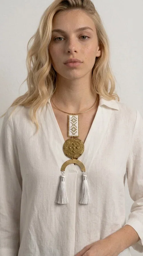 , The statement embroidered necklace with geometric patterns in white and gold is a piece of jewelry that never goes unnoticed — it combines folk tradition with a contemporary aesthetic in a way that only handmade artistry can achieve. Designed by Greek Jewelry Designer Aikaterini Chalkiadaki, this necklace is a tribute to Greek craftsmanship and a love for detailed, inspired design.

The necklace is worn on a snug brass base (torque-style choker), from which hangs an embroidered rectangular piece featuring traditional geometric motifs in white and gold. Beneath it, a striking gold brass disc with embossed designs and a semicircular element complete the composition, while two white tassels add movement and boho-chic character. The contrast of white fabric and gold brass creates a result that is both vintage and modern at the same time.

Perfect for summer looks, beach events, outdoor weddings, or everyday boho outfits. It pairs beautifully with simple, solid-colored clothing — just as shown in the photo with the dark green sleeveless dress — letting the necklace speak for itself.