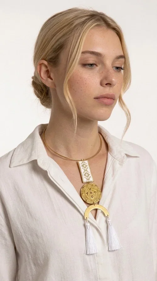 , The statement embroidered necklace with geometric patterns in white and gold is a piece of jewelry that never goes unnoticed — it combines folk tradition with a contemporary aesthetic in a way that only handmade artistry can achieve. Designed by Greek Jewelry Designer Aikaterini Chalkiadaki, this necklace is a tribute to Greek craftsmanship and a love for detailed, inspired design.

The necklace is worn on a snug brass base (torque-style choker), from which hangs an embroidered rectangular piece featuring traditional geometric motifs in white and gold. Beneath it, a striking gold brass disc with embossed designs and a semicircular element complete the composition, while two white tassels add movement and boho-chic character. The contrast of white fabric and gold brass creates a result that is both vintage and modern at the same time.

Perfect for summer looks, beach events, outdoor weddings, or everyday boho outfits. It pairs beautifully with simple, solid-colored clothing — just as shown in the photo with the dark green sleeveless dress — letting the necklace speak for itself.