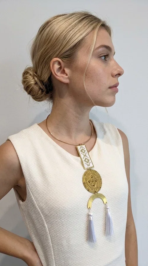 , The statement embroidered necklace with geometric patterns in white and gold is a piece of jewelry that never goes unnoticed — it combines folk tradition with a contemporary aesthetic in a way that only handmade artistry can achieve. Designed by Greek Jewelry Designer Aikaterini Chalkiadaki, this necklace is a tribute to Greek craftsmanship and a love for detailed, inspired design.

The necklace is worn on a snug brass base (torque-style choker), from which hangs an embroidered rectangular piece featuring traditional geometric motifs in white and gold. Beneath it, a striking gold brass disc with embossed designs and a semicircular element complete the composition, while two white tassels add movement and boho-chic character. The contrast of white fabric and gold brass creates a result that is both vintage and modern at the same time.

Perfect for summer looks, beach events, outdoor weddings, or everyday boho outfits. It pairs beautifully with simple, solid-colored clothing — just as shown in the photo with the dark green sleeveless dress — letting the necklace speak for itself.