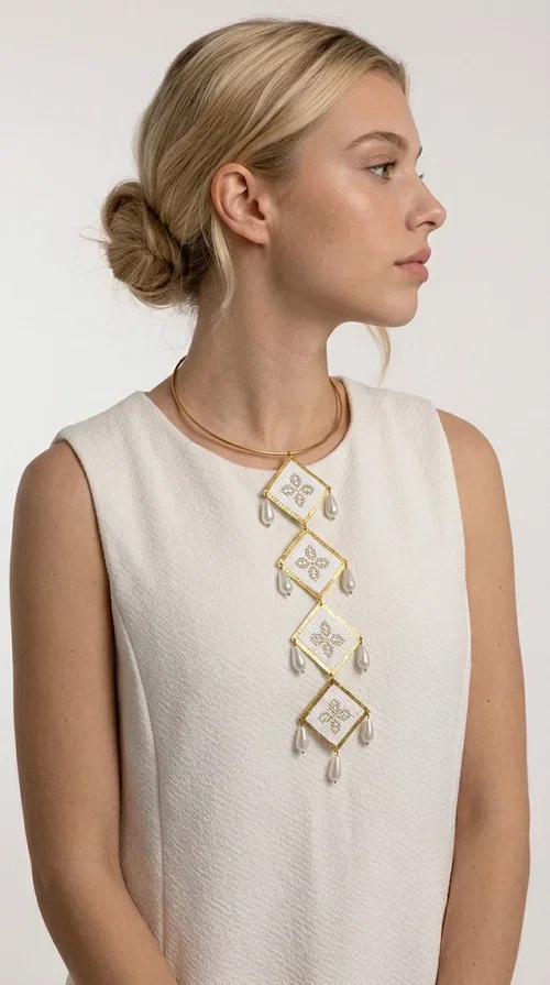 , An embroidered statement necklace that instantly catches the eye — featuring geometric patterns inspired by Greek tradition and an aesthetic that speaks to both the past and the present.

Designed by Greek Jewelry Designer Aikaterini Chalkiadaki, this statement necklace combines white embroidered fabric with gold brass and white pearls in a composition reminiscent of folklore art with a contemporary touch. Four diamond-shaped embroidered elements are stacked vertically, one beneath the other, with teardrop pearls gracefully hanging from each corner. The piece is completed with a delicate gold rigid choker, giving it an airy yet striking presence.

Ideal for women who love long, eye-catching necklaces with a distinctive identity. It pairs perfectly with simple, solid-colored outfits — just as shown in the photo with the pink sleeveless top — or with boho looks for festivals and summer outings. It can also be combined with matching necklace and earring sets for a complete look.