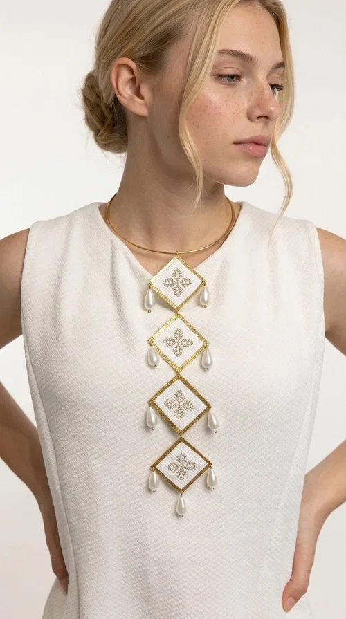 , An embroidered statement necklace that instantly catches the eye — featuring geometric patterns inspired by Greek tradition and an aesthetic that speaks to both the past and the present.

Designed by Greek Jewelry Designer Aikaterini Chalkiadaki, this statement necklace combines white embroidered fabric with gold brass and white pearls in a composition reminiscent of folklore art with a contemporary touch. Four diamond-shaped embroidered elements are stacked vertically, one beneath the other, with teardrop pearls gracefully hanging from each corner. The piece is completed with a delicate gold rigid choker, giving it an airy yet striking presence.

Ideal for women who love long, eye-catching necklaces with a distinctive identity. It pairs perfectly with simple, solid-colored outfits — just as shown in the photo with the pink sleeveless top — or with boho looks for festivals and summer outings. It can also be combined with matching necklace and earring sets for a complete look.