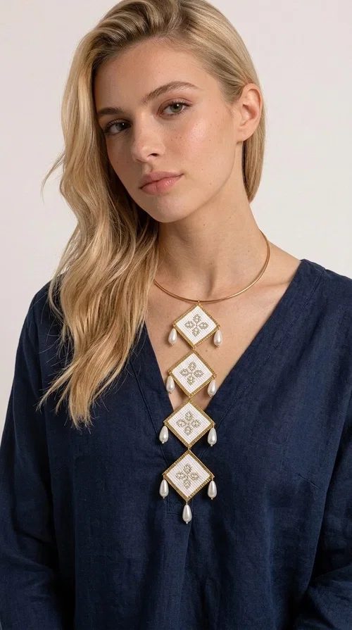 , An embroidered statement necklace that instantly catches the eye — featuring geometric patterns inspired by Greek tradition and an aesthetic that speaks to both the past and the present.

Designed by Greek Jewelry Designer Aikaterini Chalkiadaki, this statement necklace combines white embroidered fabric with gold brass and white pearls in a composition reminiscent of folklore art with a contemporary touch. Four diamond-shaped embroidered elements are stacked vertically, one beneath the other, with teardrop pearls gracefully hanging from each corner. The piece is completed with a delicate gold rigid choker, giving it an airy yet striking presence.

Ideal for women who love long, eye-catching necklaces with a distinctive identity. It pairs perfectly with simple, solid-colored outfits — just as shown in the photo with the pink sleeveless top — or with boho looks for festivals and summer outings. It can also be combined with matching necklace and earring sets for a complete look.
