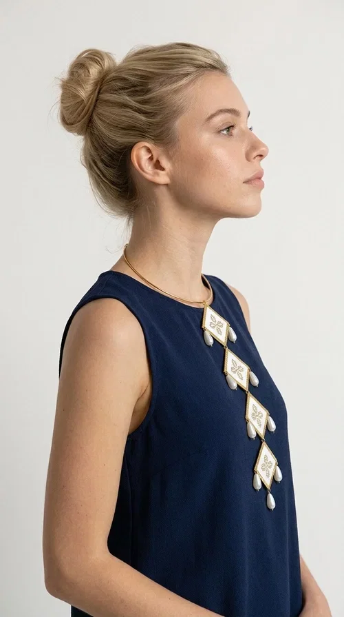 , An embroidered statement necklace that instantly catches the eye — featuring geometric patterns inspired by Greek tradition and an aesthetic that speaks to both the past and the present.

Designed by Greek Jewelry Designer Aikaterini Chalkiadaki, this statement necklace combines white embroidered fabric with gold brass and white pearls in a composition reminiscent of folklore art with a contemporary touch. Four diamond-shaped embroidered elements are stacked vertically, one beneath the other, with teardrop pearls gracefully hanging from each corner. The piece is completed with a delicate gold rigid choker, giving it an airy yet striking presence.

Ideal for women who love long, eye-catching necklaces with a distinctive identity. It pairs perfectly with simple, solid-colored outfits — just as shown in the photo with the pink sleeveless top — or with boho looks for festivals and summer outings. It can also be combined with matching necklace and earring sets for a complete look.