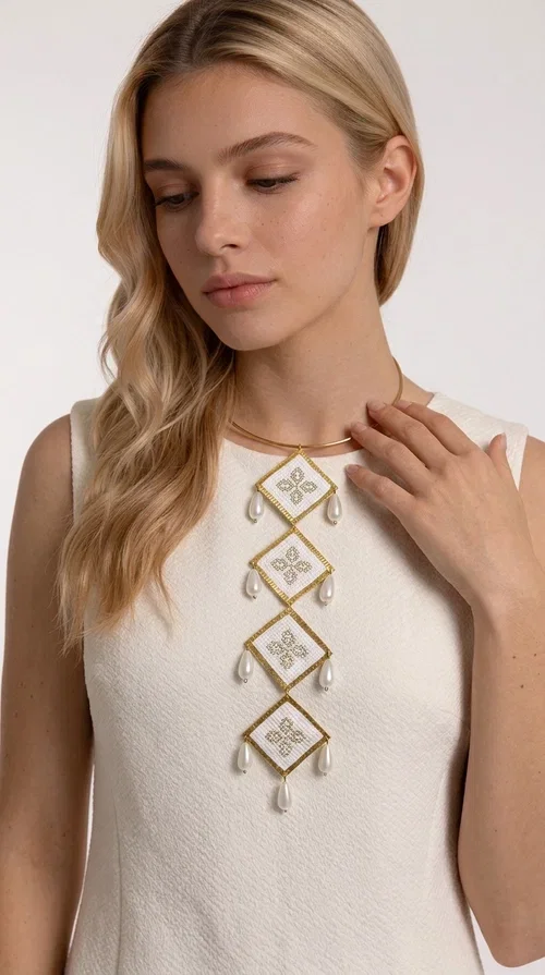 , An embroidered statement necklace that instantly catches the eye — featuring geometric patterns inspired by Greek tradition and an aesthetic that speaks to both the past and the present.

Designed by Greek Jewelry Designer Aikaterini Chalkiadaki, this statement necklace combines white embroidered fabric with gold brass and white pearls in a composition reminiscent of folklore art with a contemporary touch. Four diamond-shaped embroidered elements are stacked vertically, one beneath the other, with teardrop pearls gracefully hanging from each corner. The piece is completed with a delicate gold rigid choker, giving it an airy yet striking presence.

Ideal for women who love long, eye-catching necklaces with a distinctive identity. It pairs perfectly with simple, solid-colored outfits — just as shown in the photo with the pink sleeveless top — or with boho looks for festivals and summer outings. It can also be combined with matching necklace and earring sets for a complete look.