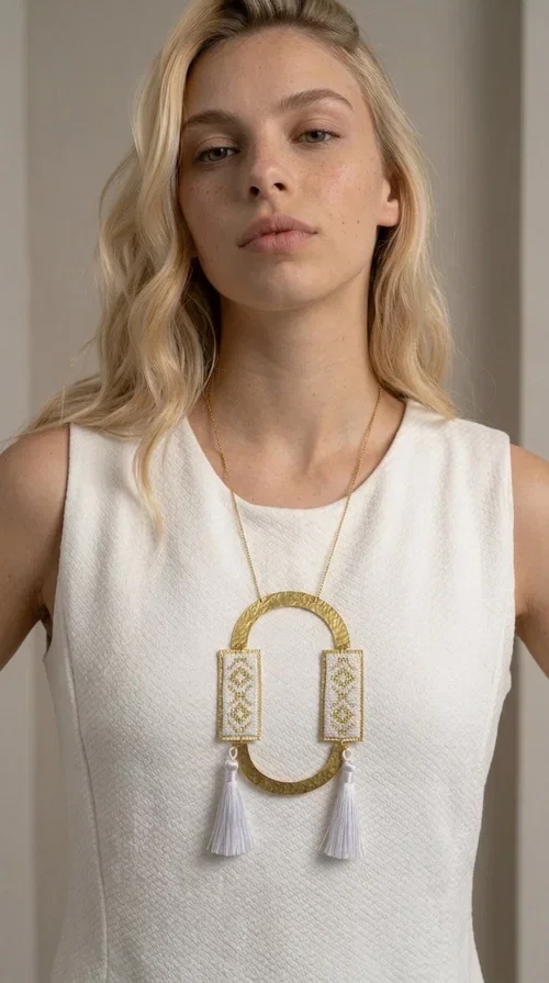 , An embroidered necklace that combines tradition with contemporary design — the Statement Necklace KOL-4757 is the ideal choice for every woman who wants to express herself through her jewelry. Designed by Greek Jewelry Designer Aikaterini Chalkiadaki, this handmade necklace is a unique combination of fabric and brass, inspired by folk art and the geometric motifs of Greek tradition.

Two embroidered rectangular plates with geometric patterns in white and gold frame a hammered gold brass circle, while three light-colored tassels add movement and character. The long gold chain completes a composition that is both statement-making and harmonious. Ideal for summer looks, casual outfits, and evening moments when you want to stand out.