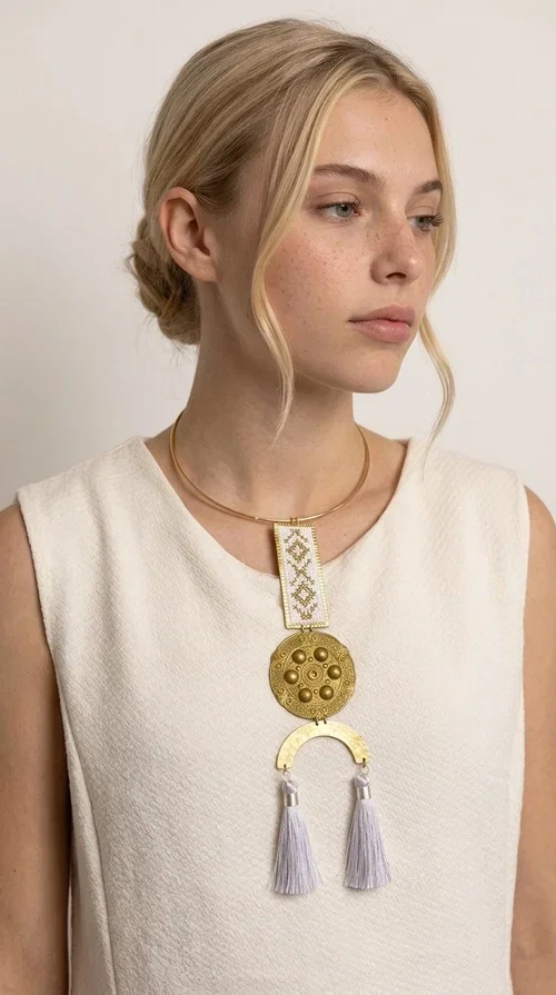 , A statement embroidered necklace that doesn't go unnoticed — featuring geometric patterns inspired by Greek tradition and an aesthetic that blends folk with contemporary style.

Designed by Greek Jewelry Designer Aikaterini Chalkiadaki, this handmade necklace consists of an embroidered rectangular section in white and gold with diamond-shaped geometric motifs, a round brass pendant with embossed details, and a semi-circular element from which two elegant white tassels hang. The piece is worn on a delicate gold torque-style chain that sits comfortably around the neck.

Ideal for those seeking striking jewelry that tells a story, this long necklace pairs equally well with a simple white shirt, a summer dress, or a boho outfit. Its white-and-gold palette makes it versatile for both day and evening wear.