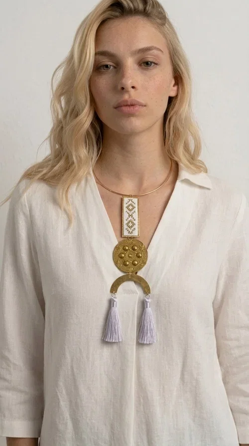 , A statement embroidered necklace that doesn't go unnoticed — featuring geometric patterns inspired by Greek tradition and an aesthetic that blends folk with contemporary style.

Designed by Greek Jewelry Designer Aikaterini Chalkiadaki, this handmade necklace consists of an embroidered rectangular section in white and gold with diamond-shaped geometric motifs, a round brass pendant with embossed details, and a semi-circular element from which two elegant white tassels hang. The piece is worn on a delicate gold torque-style chain that sits comfortably around the neck.

Ideal for those seeking striking jewelry that tells a story, this long necklace pairs equally well with a simple white shirt, a summer dress, or a boho outfit. Its white-and-gold palette makes it versatile for both day and evening wear.