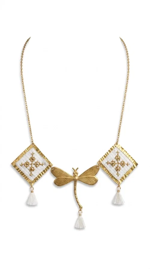 , The statement embroidered necklace in white with geometric patterns is a piece of jewelry that combines the traditional art of embroidery with a modern, striking result. Designed by Greek Jewelry Designer Aikaterini Chalkiadaki, this unique necklace showcases Greek craftsmanship in all its glory.

The necklace features two embroidered square elements in white with gold geometric motifs inspired by Greek folk tradition, joined by a gold dragonfly-shaped element. Three delicate white tassels add movement and joy to the piece, while the gold chain completes the look with elegance. The contrast between the white fabric and the brass creates a result that is both delicate and striking.

Ideal for summer looks, brunch, weddings, or evening outings, this handmade necklace pairs equally well with a simple white T-shirt or a boho dress. It also makes an excellent gift choice for women who love unique, handmade jewelry.