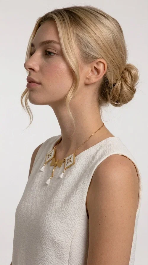 , The statement embroidered necklace in white with geometric patterns is a piece of jewelry that combines the traditional art of embroidery with a modern, striking result. Designed by Greek Jewelry Designer Aikaterini Chalkiadaki, this unique necklace showcases Greek craftsmanship in all its glory.

The necklace features two embroidered square elements in white with gold geometric motifs inspired by Greek folk tradition, joined by a gold dragonfly-shaped element. Three delicate white tassels add movement and joy to the piece, while the gold chain completes the look with elegance. The contrast between the white fabric and the brass creates a result that is both delicate and striking.

Ideal for summer looks, brunch, weddings, or evening outings, this handmade necklace pairs equally well with a simple white T-shirt or a boho dress. It also makes an excellent gift choice for women who love unique, handmade jewelry.