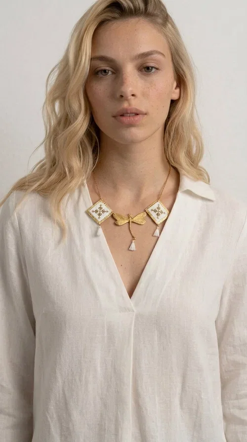 , The statement embroidered necklace in white with geometric patterns is a piece of jewelry that combines the traditional art of embroidery with a modern, striking result. Designed by Greek Jewelry Designer Aikaterini Chalkiadaki, this unique necklace showcases Greek craftsmanship in all its glory.

The necklace features two embroidered square elements in white with gold geometric motifs inspired by Greek folk tradition, joined by a gold dragonfly-shaped element. Three delicate white tassels add movement and joy to the piece, while the gold chain completes the look with elegance. The contrast between the white fabric and the brass creates a result that is both delicate and striking.

Ideal for summer looks, brunch, weddings, or evening outings, this handmade necklace pairs equally well with a simple white T-shirt or a boho dress. It also makes an excellent gift choice for women who love unique, handmade jewelry.