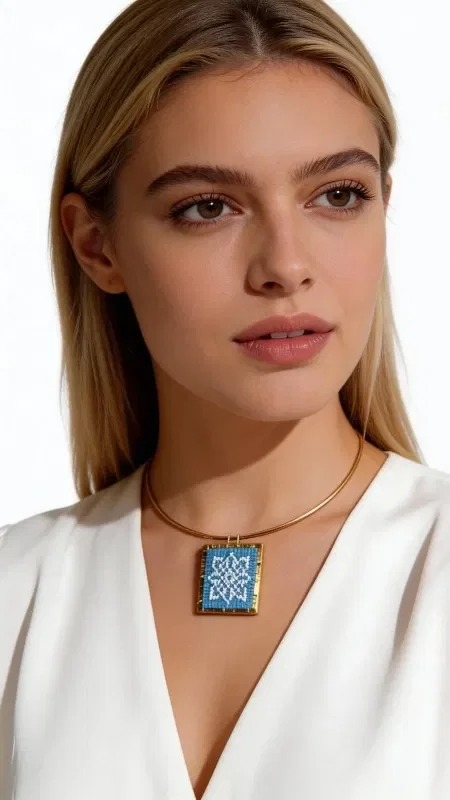, The embroidered necklace with geometric patterns in a light blue hue is a striking piece of jewelry that combines the traditional art of embroidery with a modern aesthetic. Designed by Greek Jewelry Designer Aikaterini Chalkiadaki, this unique statement necklace features detailed geometric motifs embroidered with gold thread on a light blue background.

The handmade necklace has a square shape that lends modern elegance to the traditional embroidery technique. The gold thread creates shimmering details that stand out against the light blue fabric, while the brass adds elegance and durability.

The long necklace is ideal for layering or as a standalone statement piece. This striking embroidered necklace pairs perfectly with white, light blue, or gold outfits.

To preserve its beauty, avoid contact with water and store it in a dry place.

Material: Brass, Fabric