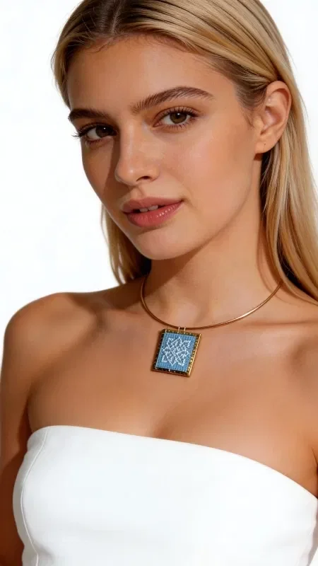 , The embroidered necklace with geometric patterns in a light blue hue is a striking piece of jewelry that combines the traditional art of embroidery with a modern aesthetic. Designed by Greek Jewelry Designer Aikaterini Chalkiadaki, this unique statement necklace features detailed geometric motifs embroidered with gold thread on a light blue background.

The handmade necklace has a square shape that lends modern elegance to the traditional embroidery technique. The gold thread creates shimmering details that stand out against the light blue fabric, while the brass adds elegance and durability.

The long necklace is ideal for layering or as a standalone statement piece. This striking embroidered necklace pairs perfectly with white, light blue, or gold outfits.

To preserve its beauty, avoid contact with water and store it in a dry place.

Material: Brass, Fabric