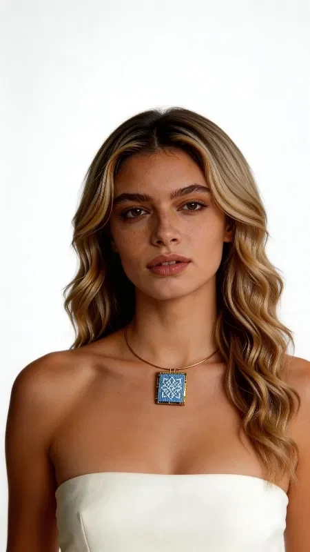 , The embroidered necklace with geometric patterns in a light blue hue is a striking piece of jewelry that combines the traditional art of embroidery with a modern aesthetic. Designed by Greek Jewelry Designer Aikaterini Chalkiadaki, this unique statement necklace features detailed geometric motifs embroidered with gold thread on a light blue background.

The handmade necklace has a square shape that lends modern elegance to the traditional embroidery technique. The gold thread creates shimmering details that stand out against the light blue fabric, while the brass adds elegance and durability.

The long necklace is ideal for layering or as a standalone statement piece. This striking embroidered necklace pairs perfectly with white, light blue, or gold outfits.

To preserve its beauty, avoid contact with water and store it in a dry place.

Material: Brass, Fabric