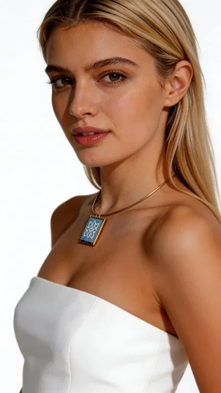 , The embroidered necklace with geometric patterns in a light blue hue is a striking piece of jewelry that combines the traditional art of embroidery with a modern aesthetic. Designed by Greek Jewelry Designer Aikaterini Chalkiadaki, this unique statement necklace features detailed geometric motifs embroidered with gold thread on a light blue background.

The handmade necklace has a square shape that lends modern elegance to the traditional embroidery technique. The gold thread creates shimmering details that stand out against the light blue fabric, while the brass adds elegance and durability.

The long necklace is ideal for layering or as a standalone statement piece. This striking embroidered necklace pairs perfectly with white, light blue, or gold outfits.

To preserve its beauty, avoid contact with water and store it in a dry place.

Material: Brass, Fabric
