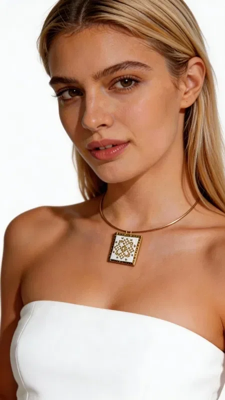 , Discover the elegance of the embroidered necklace with geometric designs in a white hue, a unique handmade jewelry piece that combines the traditional art of embroidery with a modern aesthetic.

Designed by Greek Jewelry Designer Aikaterini Chalkiadaki, this striking statement necklace offers a refined touch to any look.

The embroidered pendant with gold thread creates a stunning contrast against the white fabric, while its square shape lends it geometric harmony. The gold choker that accompanies it at the neck creates an ensemble that radiates modern elegance.

Ideal for layering with other necklaces or worn alone as a striking statement piece.

This handmade necklace is the perfect choice for women who appreciate the uniqueness and quality of Greek jewelry. It pairs wonderfully with summer outfits and adds a folk touch to any look.

Take care of your necklace by storing it in a dry place away from chemicals and perfumes to preserve its shine.

Material: Brass, Fabric