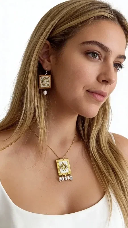 , Discover the elegance of this embroidered necklace featuring geometric patterns in white, designed by Greek Jewelry Designer Aikaterini Chalkiadaki. This statement piece combines the traditional art of embroidery with contemporary aesthetics, creating a unique accessory that stands out.

The necklace features an embroidered square element with gold thread that creates striking geometric motifs on a white base. The brass construction ensures durability and color retention, while the dangling details add movement and light to the design. The handmade embroidery highlights Greek craftsmanship and gives each piece a unique character.

Ideal for special occasions and everyday elegance, this pearly necklace pairs perfectly with white and nude outfits. Its size makes it an impressive statement piece that catches every eye.

Store in a dry place and avoid contact with moisture and perfumes to preserve the jewelry's shine.