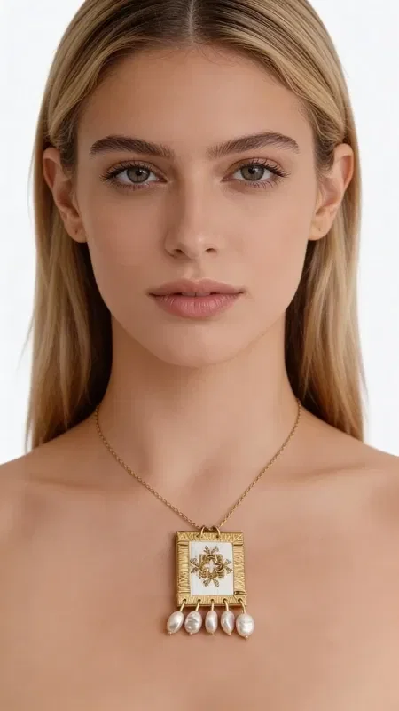, Discover the elegance of this embroidered necklace featuring geometric patterns in white, designed by Greek Jewelry Designer Aikaterini Chalkiadaki. This statement piece combines the traditional art of embroidery with contemporary aesthetics, creating a unique accessory that stands out.

The necklace features an embroidered square element with gold thread that creates striking geometric motifs on a white base. The brass construction ensures durability and color retention, while the dangling details add movement and light to the design. The handmade embroidery highlights Greek craftsmanship and gives each piece a unique character.

Ideal for special occasions and everyday elegance, this pearly necklace pairs perfectly with white and nude outfits. Its size makes it an impressive statement piece that catches every eye.

Store in a dry place and avoid contact with moisture and perfumes to preserve the jewelry's shine.