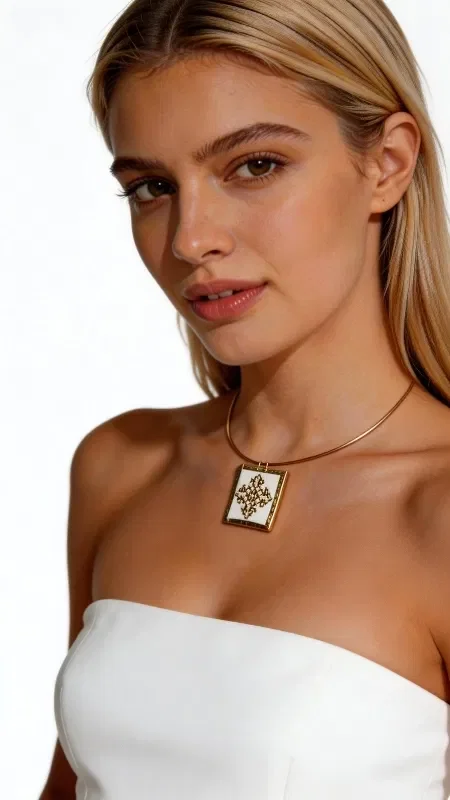 , Embroidered white necklace with geometric patterns that combines traditional embroidery craftsmanship with a contemporary aesthetic. This striking statement necklace, designed by Greek Jewelry Designer Aikaterini Chalkiadaki, features detailed geometric motifs embroidered with gold thread on a white base. The handmade necklace showcases a square embroidered element that serves as the centerpiece of the design, creating a refined blend of minimal lines and traditional technique. The gold-tone brass chain adds a modern touch, while the white color makes the necklace ideal for both everyday and special occasions. This unique piece is a perfect choice for layering with other necklaces or can be worn alone as a statement accessory. It pairs beautifully with white, beige, and gold tones, offering great versatility in styling.

Material: Brass, Fabric

Care for your necklace by storing it in a dry place and gently cleaning it with a soft cloth.