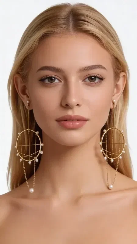 , Statement long hoop earrings with pearls that combine the elegance of statement jewelry with the feminine aesthetic of handmade creations. Designed by Greek Jewelry Designer Aikaterini Chalkiadaki, this modern piece is the ideal combination of gold-tone metal and white faux pearls.

These dangling earrings feature a unique construction with circular hoops that create geometric lines, while the pearls add a vintage touch. Their golden hue and long length make them ideal for weddings, formal events, or for adding style to an everyday look.

These impressive statement earrings are easy to maintain with a soft cloth, avoiding contact with cosmetics. Perfect for women looking for original jewelry with Greek aesthetics and quality craftsmanship.