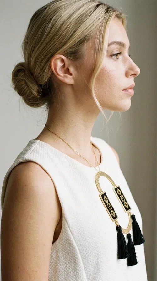 , A statement embroidered necklace that blends tradition with modern aesthetics — ideal for every woman who wants to express herself with style and character.

Designed by Greek Jewelry Designer Aikaterini Chalkiadaki, this striking long necklace is an ode to folk art and craftsmanship. Two rectangular embroidered plaques with geometric patterns in black and gold are framed by a golden brass arch, while three black tassels add movement and boho-chic charm. The gold-tone chain completes the composition with an elegant finishing touch.

This embroidered necklace pairs beautifully with simple white or ecru outfits that let the piece take center stage, as well as with evening looks that need that extra touch. Worn alone, it instantly turns any look into a statement.