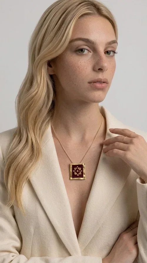 , The embroidered burgundy necklace with geometric patterns is a statement piece that combines the traditional art of embroidery with a contemporary aesthetic, creating a unique result that instantly catches the eye.

Designed by Greek Jewelry Designer Aikaterini Chalkiadaki, this handmade necklace features a square brass pendant with deep burgundy fabric and a striking embroidered geometric motif inspired by Greek folk tradition. The gold-toned brass metal frame surrounds the embroidery, giving the piece a vintage, luxurious feel. The delicate gold-tone chain highlights the pendant, making it the ultimate focal point of any look.

Ideal for pairing with a casual white shirt, a dress, or elegant attire for an evening out, this necklace is equally suited to everyday and formal occasions. It also makes an excellent gift choice for loved ones who appreciate unique, handmade jewelry with a Greek soul.