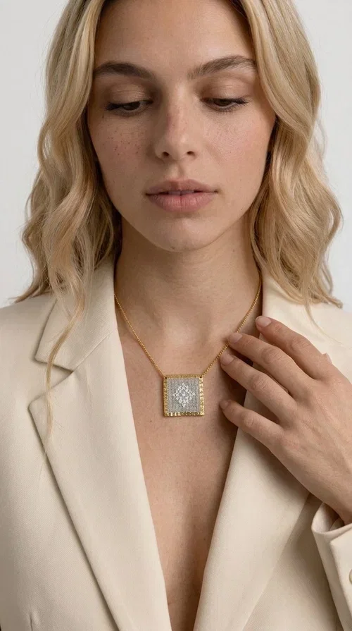 , An embroidered necklace that combines the traditional art of embroidery with a modern aesthetic — ideal for every woman who loves handmade jewelry with character.

Designed by Greek Jewelry Designer Aikaterini Chalkiadaki, this statement necklace in a cream shade features a square brass pendant with a gold finish, adorned with delicate embroidered geometric patterns on fabric. The gold-tone box chain completes the composition harmoniously, offering an air of elegance and uniqueness. Each piece is the result of handcrafted work, with attention to every detail.

This necklace pairs perfectly with casual looks as well as more formal outfits — try it over a white t-shirt for a bohemian style or combine it with a blazer for a more sophisticated look. Ideal as a gift for women who appreciate handmade jewelry and Greek craftsmanship.