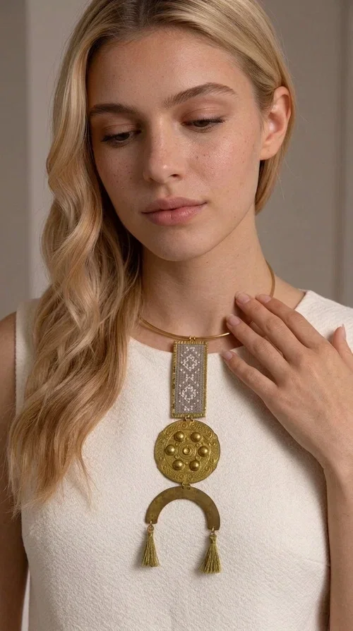 , The ecru embroidered statement necklace with geometric patterns is a piece of jewelry that combines the traditional art of embroidery with modern aesthetics, creating an immediately eye-catching result. Designed by Greek jewelry designer Aikaterini Chalkiadaki, this handmade necklace is a distinctive choice for women who appreciate uniqueness and authentic craftsmanship.

The necklace features a rectangular embroidered section with fine geometric motifs in an ecru shade, paired with a circular brass element featuring embossed details and a semicircular arch. Three dangling khaki-olive tassels add movement and a boho-folklore character, while the base of the necklace consists of a semi-rigid metallic neckwire that rests comfortably on the collarbone. The combination of brass and fabric makes it lightweight to wear, despite its striking appearance.

Ideal for summer outfits, boho looks, ethnic, and festival styles, it pairs perfectly with linen shirts, maxi dresses, or simple tops. It is also an excellent gift idea for women who love large, statement jewelry.