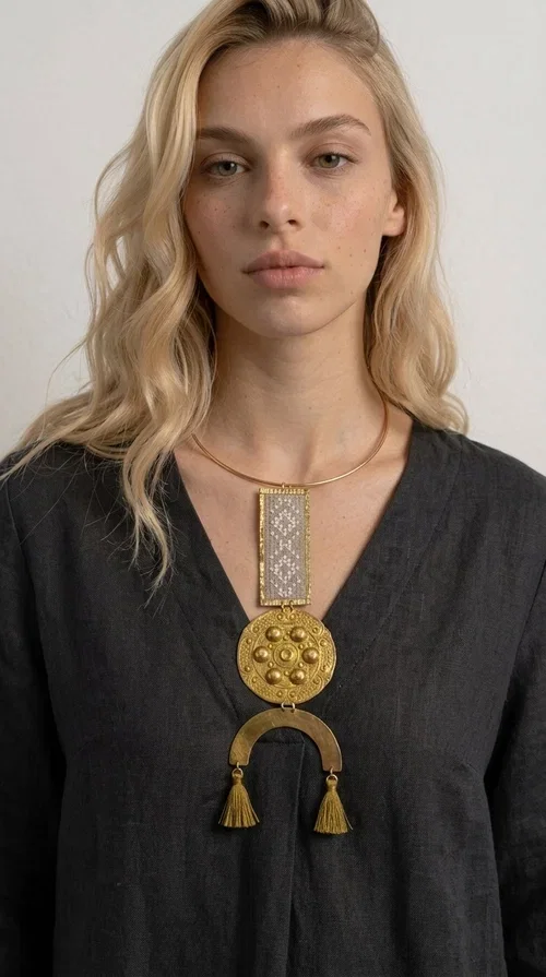 , The ecru embroidered statement necklace with geometric patterns is a piece of jewelry that combines the traditional art of embroidery with modern aesthetics, creating an immediately eye-catching result. Designed by Greek jewelry designer Aikaterini Chalkiadaki, this handmade necklace is a distinctive choice for women who appreciate uniqueness and authentic craftsmanship.

The necklace features a rectangular embroidered section with fine geometric motifs in an ecru shade, paired with a circular brass element featuring embossed details and a semicircular arch. Three dangling khaki-olive tassels add movement and a boho-folklore character, while the base of the necklace consists of a semi-rigid metallic neckwire that rests comfortably on the collarbone. The combination of brass and fabric makes it lightweight to wear, despite its striking appearance.

Ideal for summer outfits, boho looks, ethnic, and festival styles, it pairs perfectly with linen shirts, maxi dresses, or simple tops. It is also an excellent gift idea for women who love large, statement jewelry.