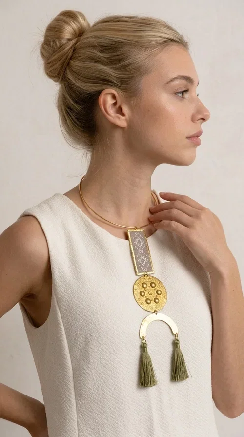 , The ecru embroidered statement necklace with geometric patterns is a piece of jewelry that combines the traditional art of embroidery with modern aesthetics, creating an immediately eye-catching result. Designed by Greek jewelry designer Aikaterini Chalkiadaki, this handmade necklace is a distinctive choice for women who appreciate uniqueness and authentic craftsmanship.

The necklace features a rectangular embroidered section with fine geometric motifs in an ecru shade, paired with a circular brass element featuring embossed details and a semicircular arch. Three dangling khaki-olive tassels add movement and a boho-folklore character, while the base of the necklace consists of a semi-rigid metallic neckwire that rests comfortably on the collarbone. The combination of brass and fabric makes it lightweight to wear, despite its striking appearance.

Ideal for summer outfits, boho looks, ethnic, and festival styles, it pairs perfectly with linen shirts, maxi dresses, or simple tops. It is also an excellent gift idea for women who love large, statement jewelry.