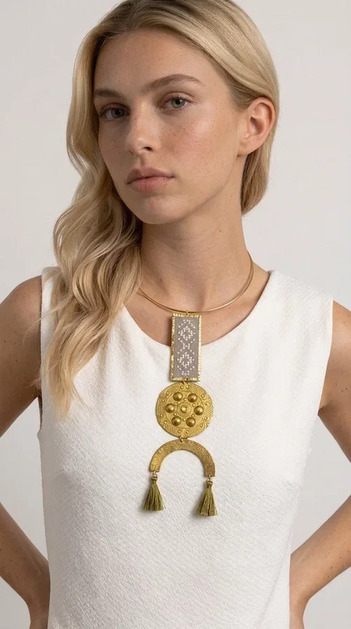 , The ecru embroidered statement necklace with geometric patterns is a piece of jewelry that combines the traditional art of embroidery with modern aesthetics, creating an immediately eye-catching result. Designed by Greek jewelry designer Aikaterini Chalkiadaki, this handmade necklace is a distinctive choice for women who appreciate uniqueness and authentic craftsmanship.

The necklace features a rectangular embroidered section with fine geometric motifs in an ecru shade, paired with a circular brass element featuring embossed details and a semicircular arch. Three dangling khaki-olive tassels add movement and a boho-folklore character, while the base of the necklace consists of a semi-rigid metallic neckwire that rests comfortably on the collarbone. The combination of brass and fabric makes it lightweight to wear, despite its striking appearance.

Ideal for summer outfits, boho looks, ethnic, and festival styles, it pairs perfectly with linen shirts, maxi dresses, or simple tops. It is also an excellent gift idea for women who love large, statement jewelry.